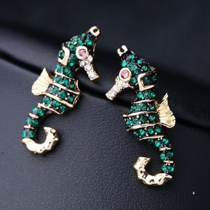 Green Rhinestone Seahorse Stud Earrings